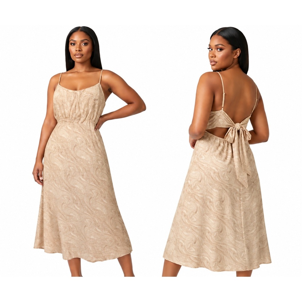 Arula Tan Marble Swirl Midi Dress Back Cutout Tie Detail Size 3x Plus